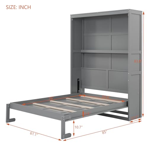 Queen Size Murphy Bed Wall Beds with Storage Shelves,Hide Away Bed Frame Easily Folds into Wood Cabinet,W/Mattress Holder,for Small Space,Guest Room,Apartment,Gray