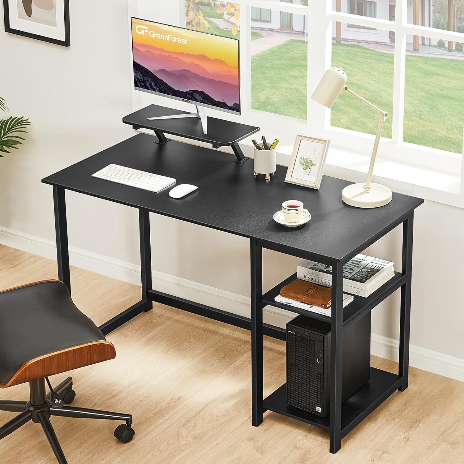 GreenForest Computer Desk with Monitor Stand,39 inch Computer Desk with Storage Printer Shelf Reversible 58 inch Black