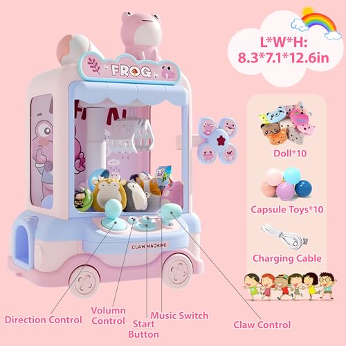 Mini Claw Machine Toy, Pink Frog Theme, Arcade Style Game with Wheels (Pink)