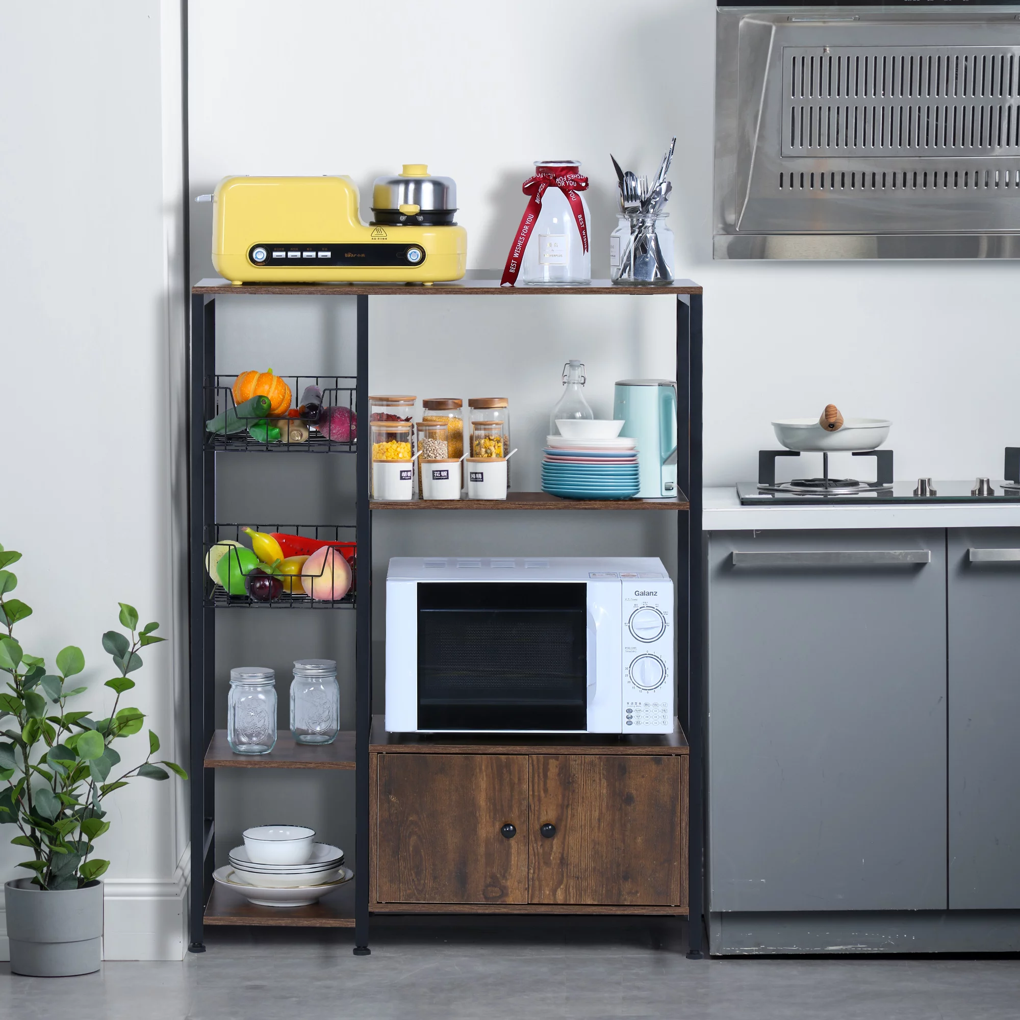 NAIYUFA 5-Tier Kitchen Bakers Rack,Microwave Oven Stand Wood Brown Shelf with Cabinet