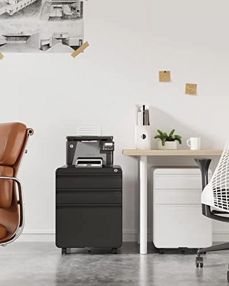 TJUNBOLIFE 3 Drawer File Cabinet  Metal Filing Cabinets with Lock Wheels & Hanging Rail for A4/Legal/Letter File  Anti-tilt Under Desk Design  Lockable Rolling Mobile File Cabinet for