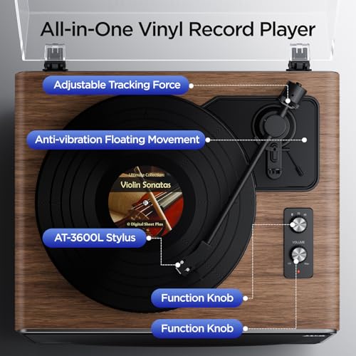 All in One Vinyl Record Player,Bluetooth Turntable Built in 4 Stereo Speakers Phono Preamp,High Fidelity Turntables for Vinyl Records with Magnetic Cartridge AT-3600L MM,Belt Drive 2-Speed,33/45 RPM