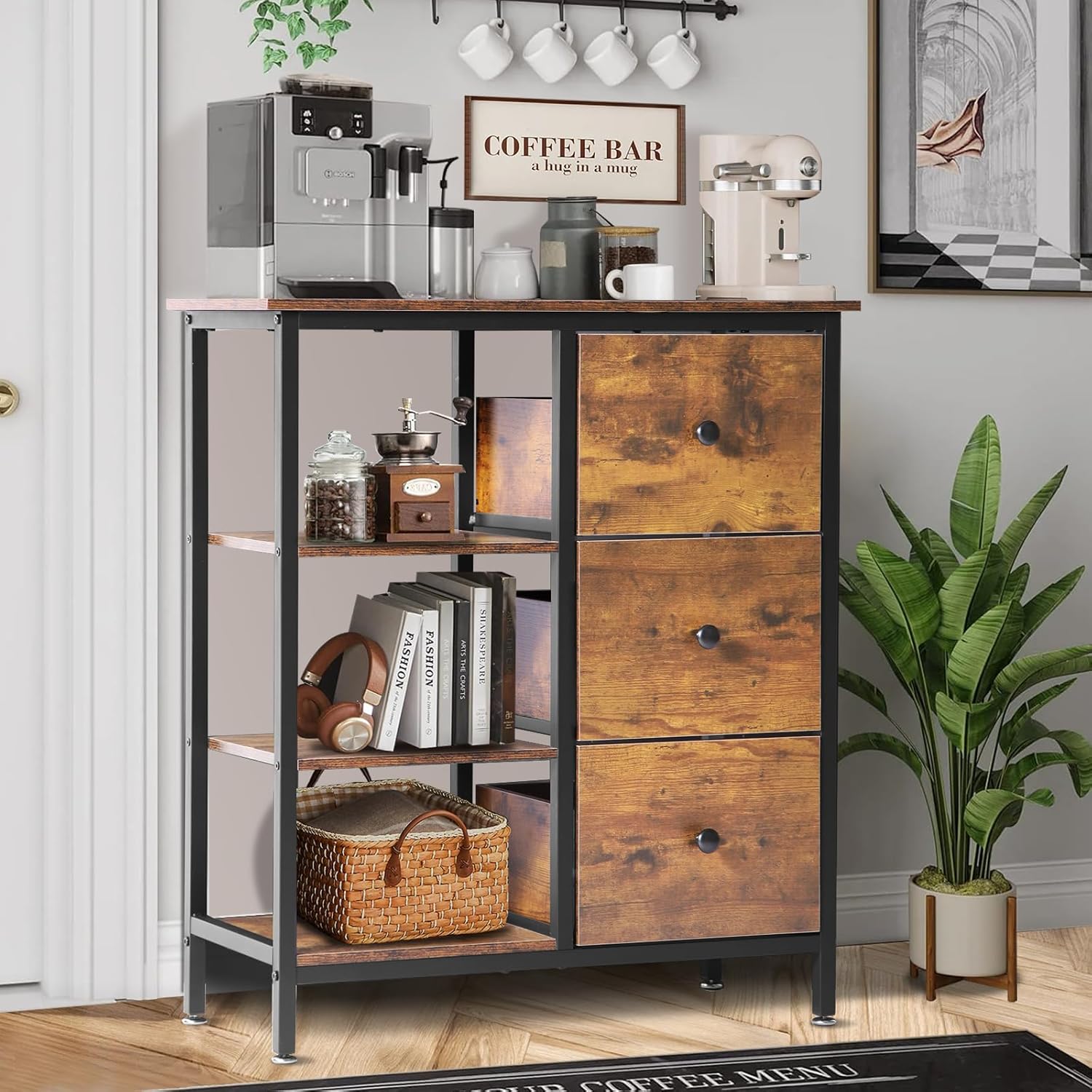 Farmhouse Coffee Station Cabinet with 3 Wooden Drawers & Shelves, Office Coffee Bar Cupboard with Storage, Brown Coffee Stand for Home, Kitchen Coffee Buffet, Coffee Nook, 28''L×13''W×32''H