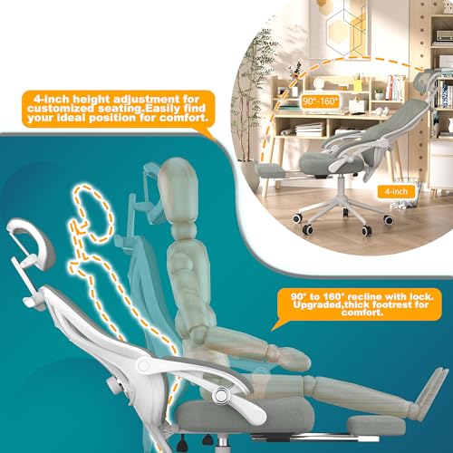 Ergonomic Office Chair - Adjustable Lumbar & Headrest, 90-160° Reclining with Footrest, Breathable Mesh Back - Home Office/Gaming Computer Chair (Black, 300lbs Capacity)