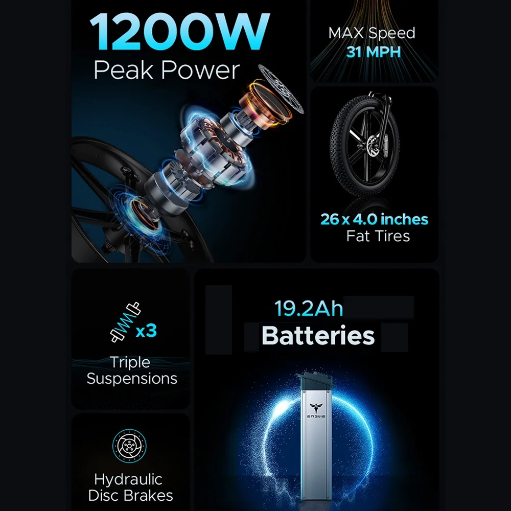 ENGWE Electric Bike,48v 19.2ah 26in 48v Bike 26in 19.2ah 1000w Bike Maximum Fat Tire 1000w 8 Snow Fat E-bike Snow All-terrain 31mph Speed E-bike