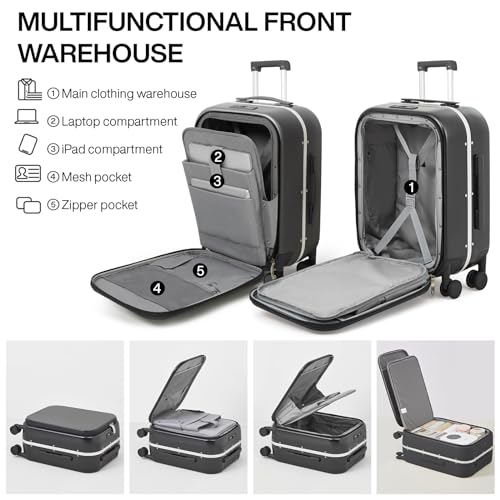 mixi Carry On Luggage, 20'' Suitcase with Front Laptop Pocket, Travel Rolling Luggage Aluminum Frame PC Hardside with Spinner Wheels & TSA Lock and Cover - Smoke White