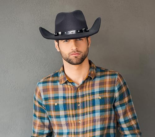 Lanzom Women Men Classic Felt Wide Brim Western Cowboy Cowgirl Hat with Belt Buckle