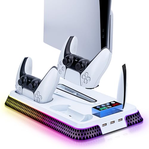 Wigearss Cooling Stand for PS5 Pro with Dual Controller Charging & RGB Lights - Vertical Cooling Station with 3-Speed Fan, Headset Holder & 3 USB Hub for PS5/PS5 Slim/PS5 Pro - White