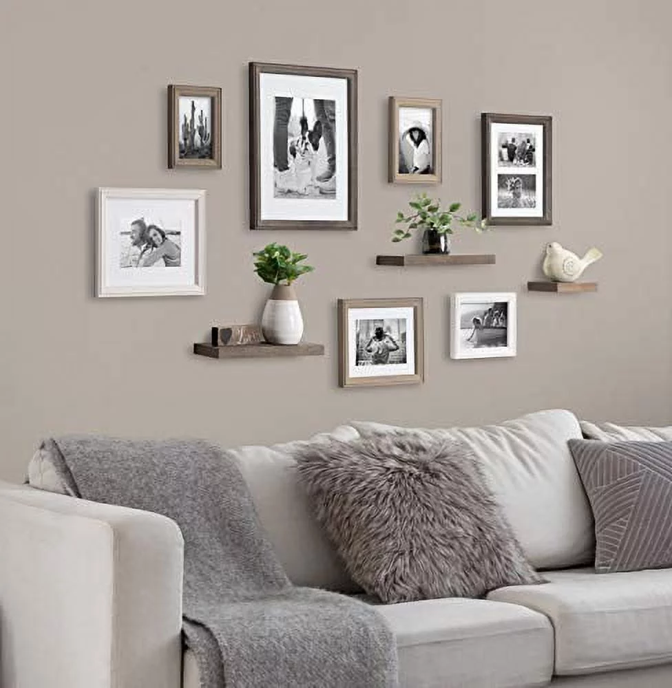 Kate and Laurel Bordeaux Gallery Wall Frame and Shelf Kit, Set of 10, 7 Frames and 3 Shelves, Gray and White
