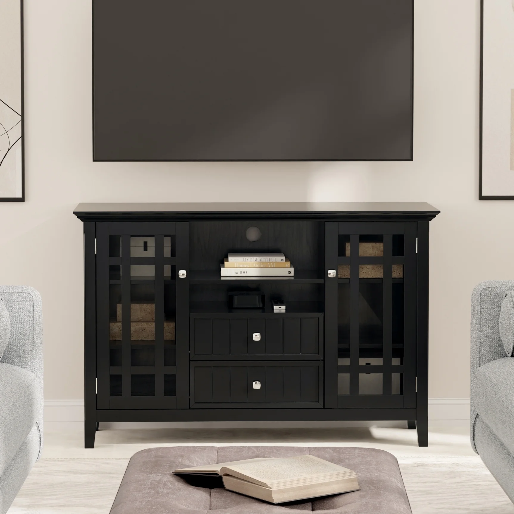 Simpli Home Bedford SOLID WOOD 53 inch Wide Transitional TV Media Stand in Black For TVs up to 60 inches