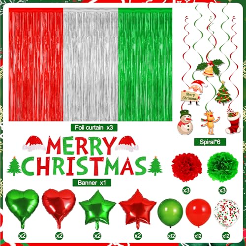 150 PCS Merry Christmas Party Decorations Set, Christmas Foil Fringe Curtains Red Green Gold Balloons Garland Arch Kit Photo Booth Props Candy Cane Foil Balloons for Xmas Holiday Birthday Supplies
