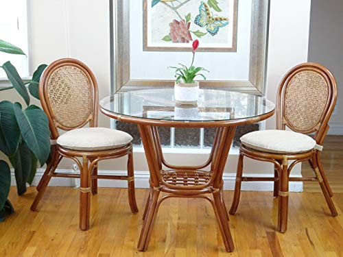 Set of 2 Denver Dining Handmade Wicker Side Chair Natural Rattan, Colonial Color with Cream Cushion