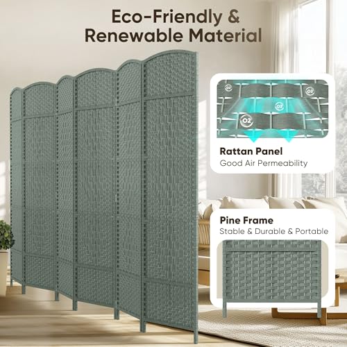 JOSTYLE Folding Privacy Room Divider, 4 Panel Screen Divider 6 ft. Tall Freestanding Extra Wide Rattan Room Partition Wall Separation Dividers, Grey