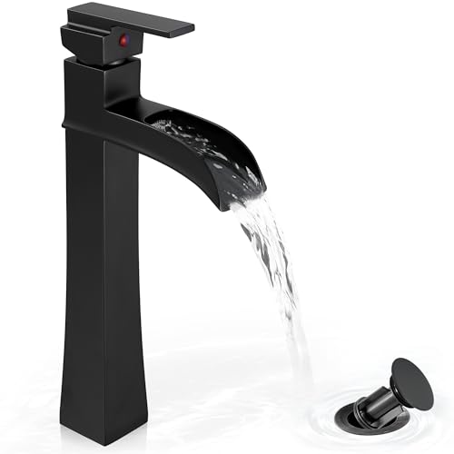Vessel Sink Faucet Black, 12 Inch Waterfall Tall Bathroom Faucet One Hole with Pop-Up Drain & Pre-Installed Hoses, Single Handle for Bathroom Sink Bowl Deck Mount, Modern, Brass Material