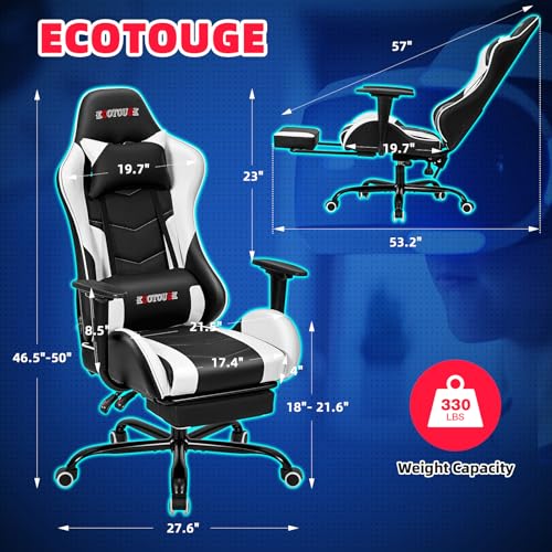 ECOTOUGE PC Massage Gaming Chair with Footrest Ergonomic Office Desk Chair Racing PU Leather Recliner Swivel Rocker with Headrest and Lumbar Pillow, Blue