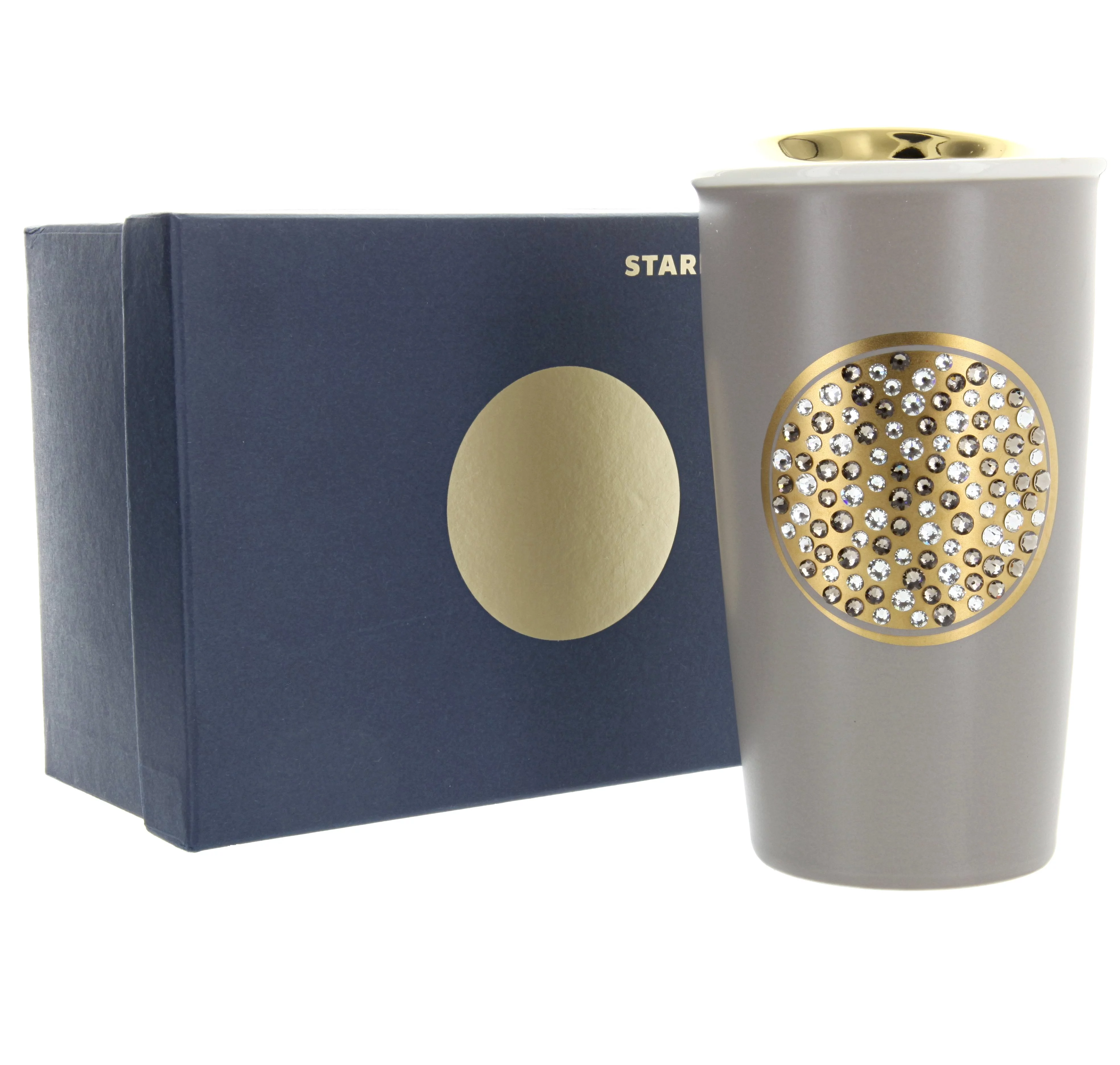2015 Starbucks Swarovski Anniversary Ceramic Coffee Tumbler Gray & Gold 12 fl.oz.