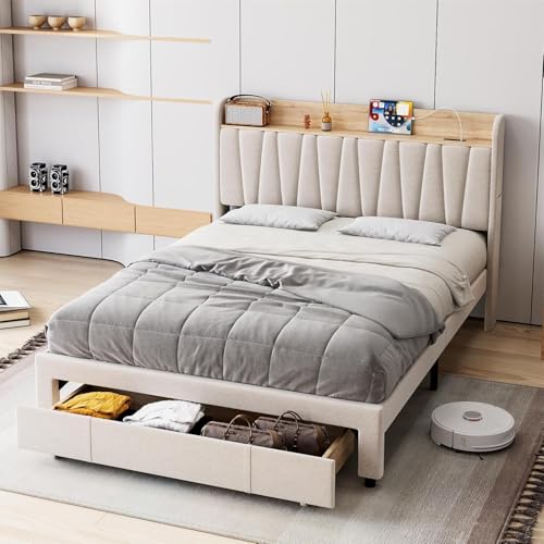 IDEALHOUSE Queen Size Bed Frame with Storage Headboard, Upholstered Platform Beds with Drawers, Charging Station, Noise-Free, No Box Spring Needed, Easy Assembly, Beige