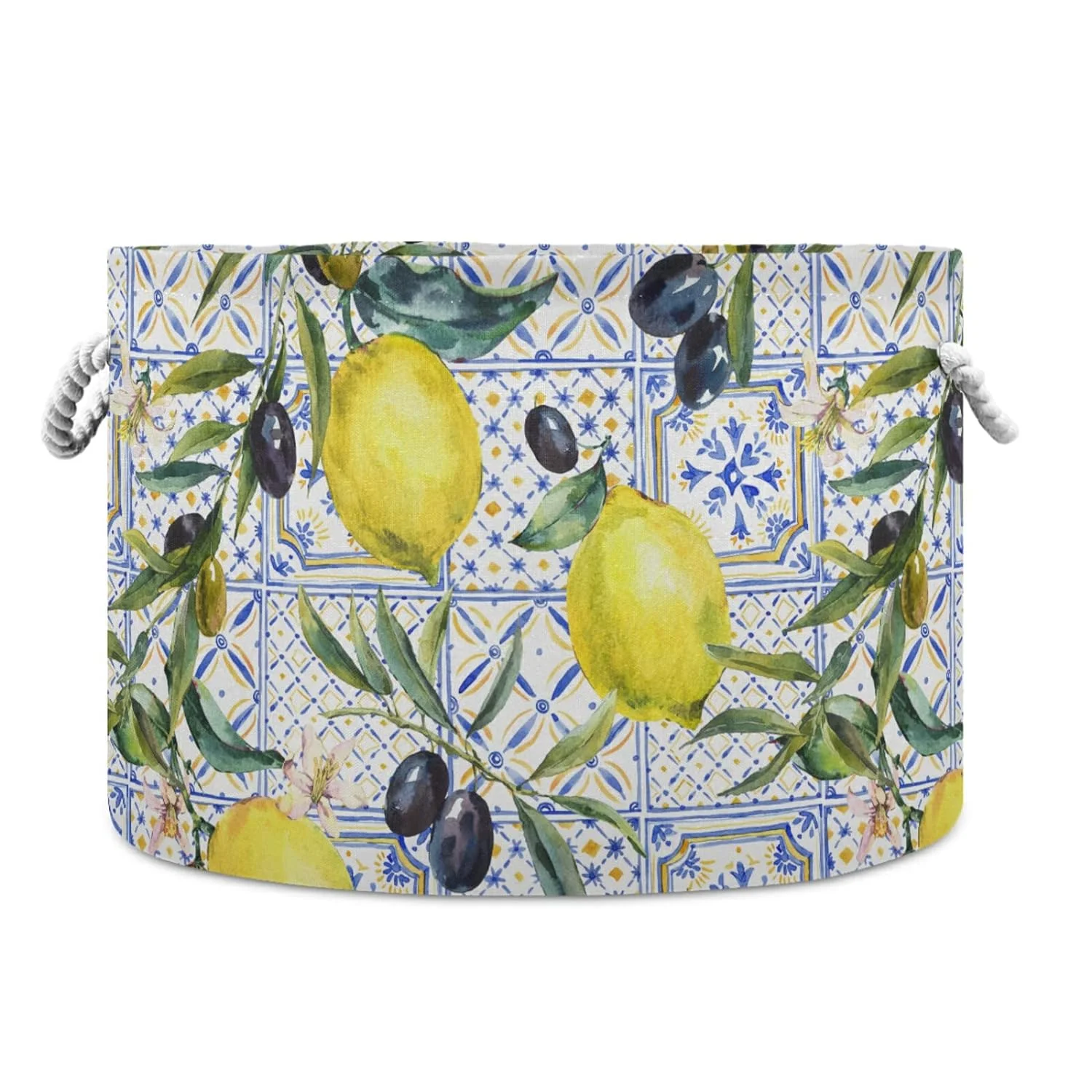 Wellsay Watercolor Lemon Olive Branches Ornament Storage Basket Gift Baskets Large Collapsible Laundry Hamper with Handle, 20x20x14 in