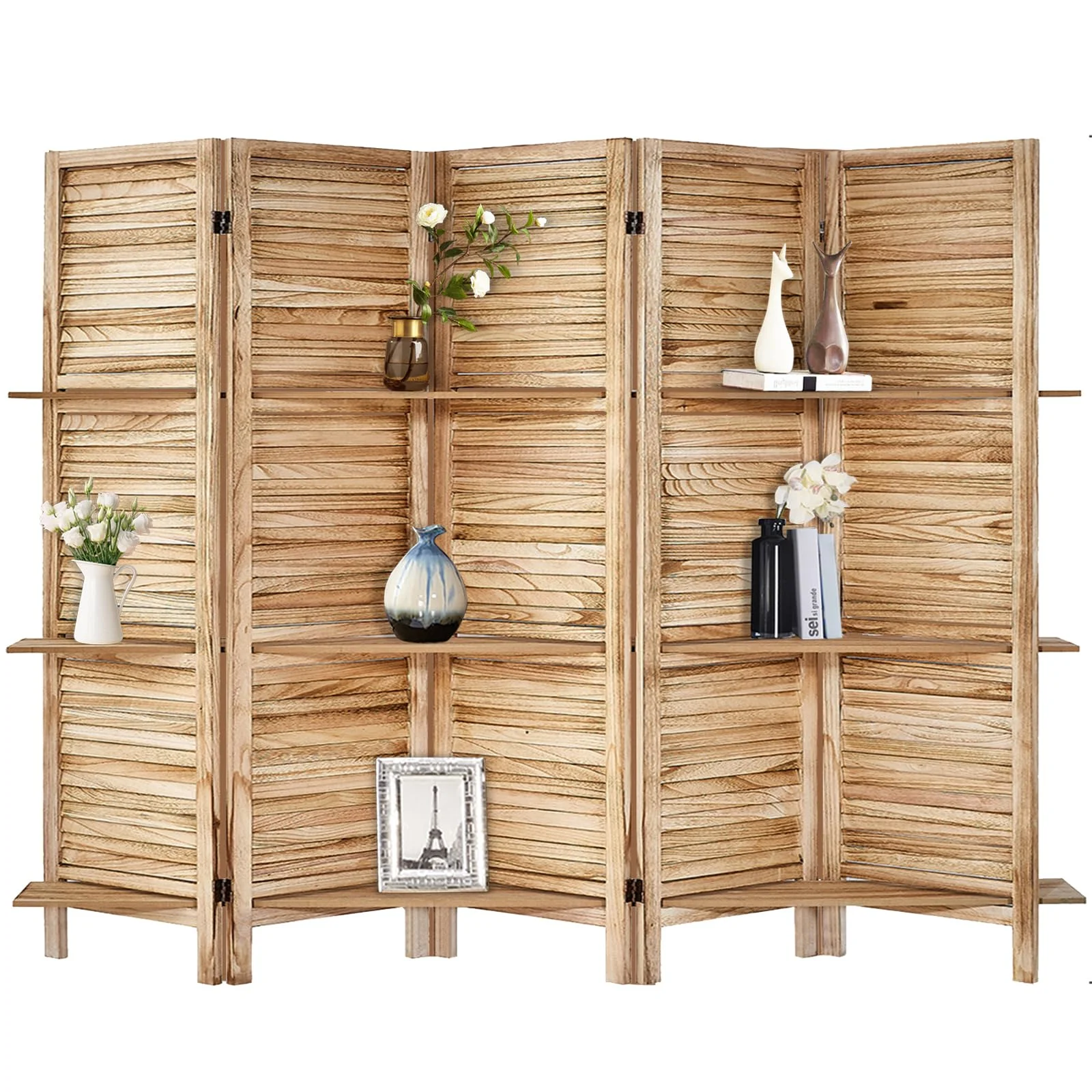 5 Panel 5.6 Ft Tall Partition Wood Room Divider, Wood Folding Room Divider Screens, Panel Divider&Room Dividers, Room Dividers and Folding Privacy Screens with Shelves(5 Panel,Natural)