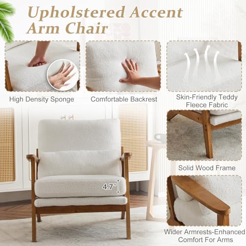 VINGLI Solid Wood Wide Armrests Accent Chair,Upholstered Mid Century Modern Chair with Pillow,Comfy Reading Chair Farmhouse Arm Chair,Chairs Living Room,Bedroom,Guest Room,Linen Fabric,Beige