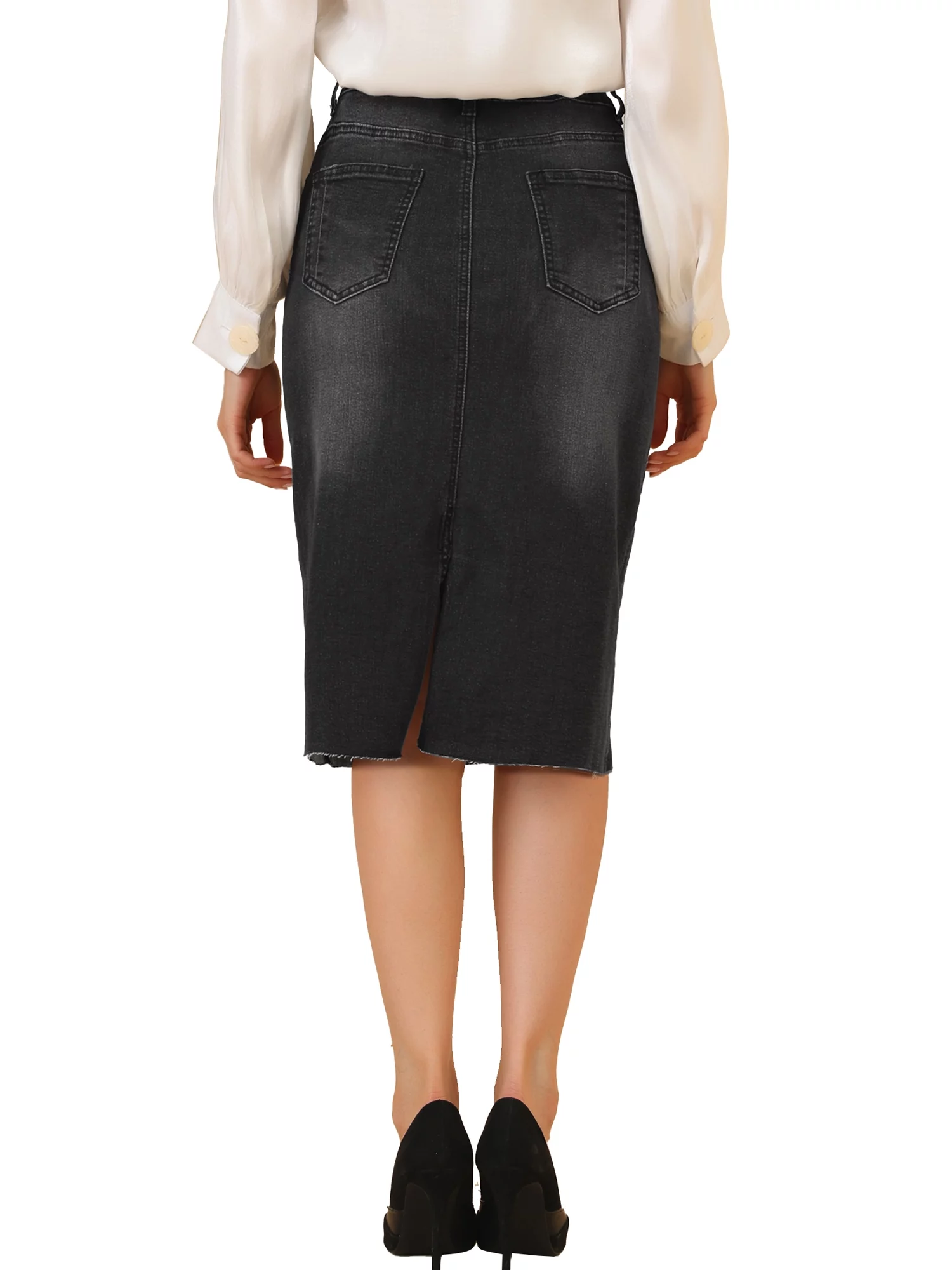 Unique Bargains Women's High Waist Jean Back Vent Midi Length Denim Skirts XS Black