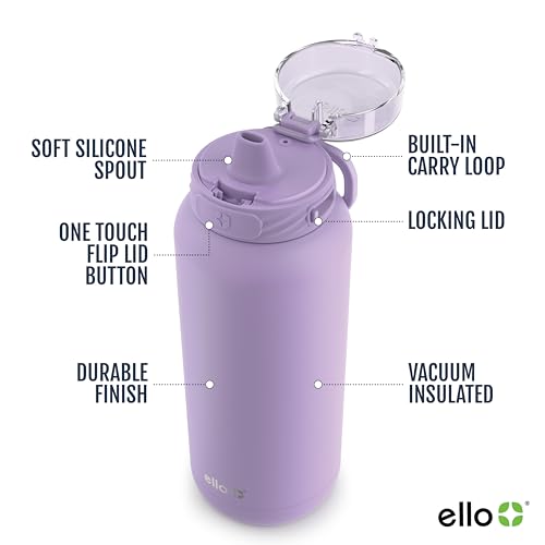 Ello Cooper 32oz Stainless Steel Water Bottle with Straw and Carry Handle, Double Walled and Vacuum Insulated Metal, Leak Proof Locking Lid with Soft Silicone Spout, Reusable, BPA Free, Yucca