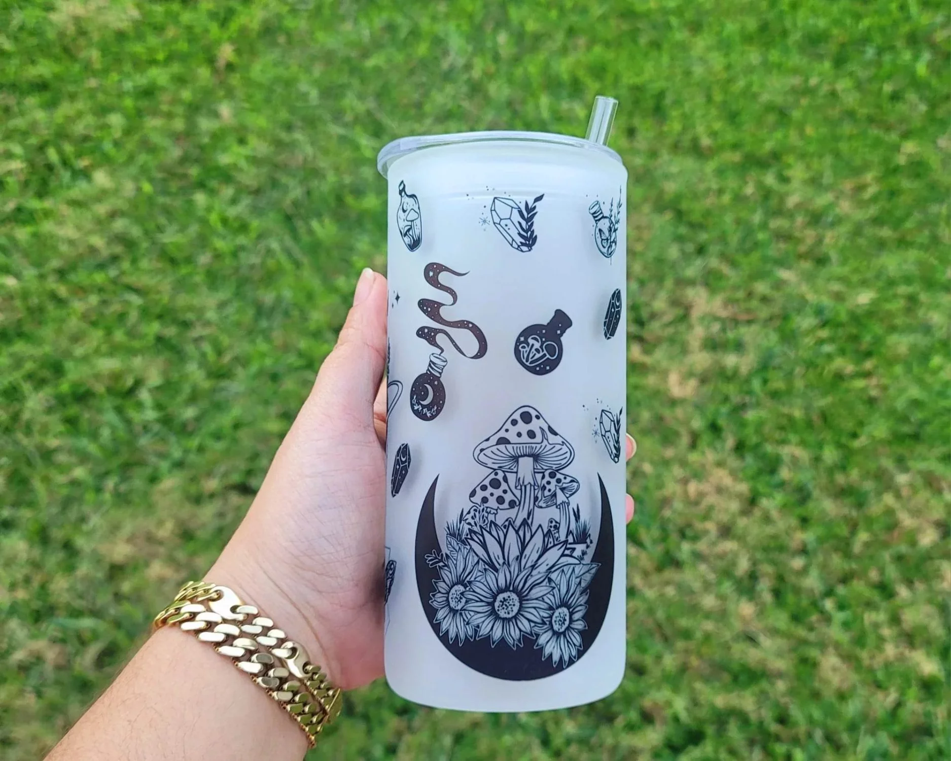 Mushroom Beer Can Glass | Boho Moth Coffee Glass | Aesthetic Coffee Glass | 20 oz