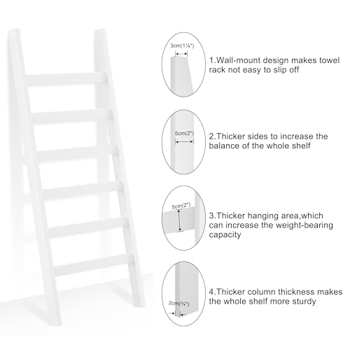 Blanket Ladder, 6 Tier Blanket Holder, 68.9 Inch Tall Blanket Rack, Ladder Shelf Against The Wall, Rustic Bamboo Quilt Rack Stand in Bathroom, Living Room, Bedroom, White