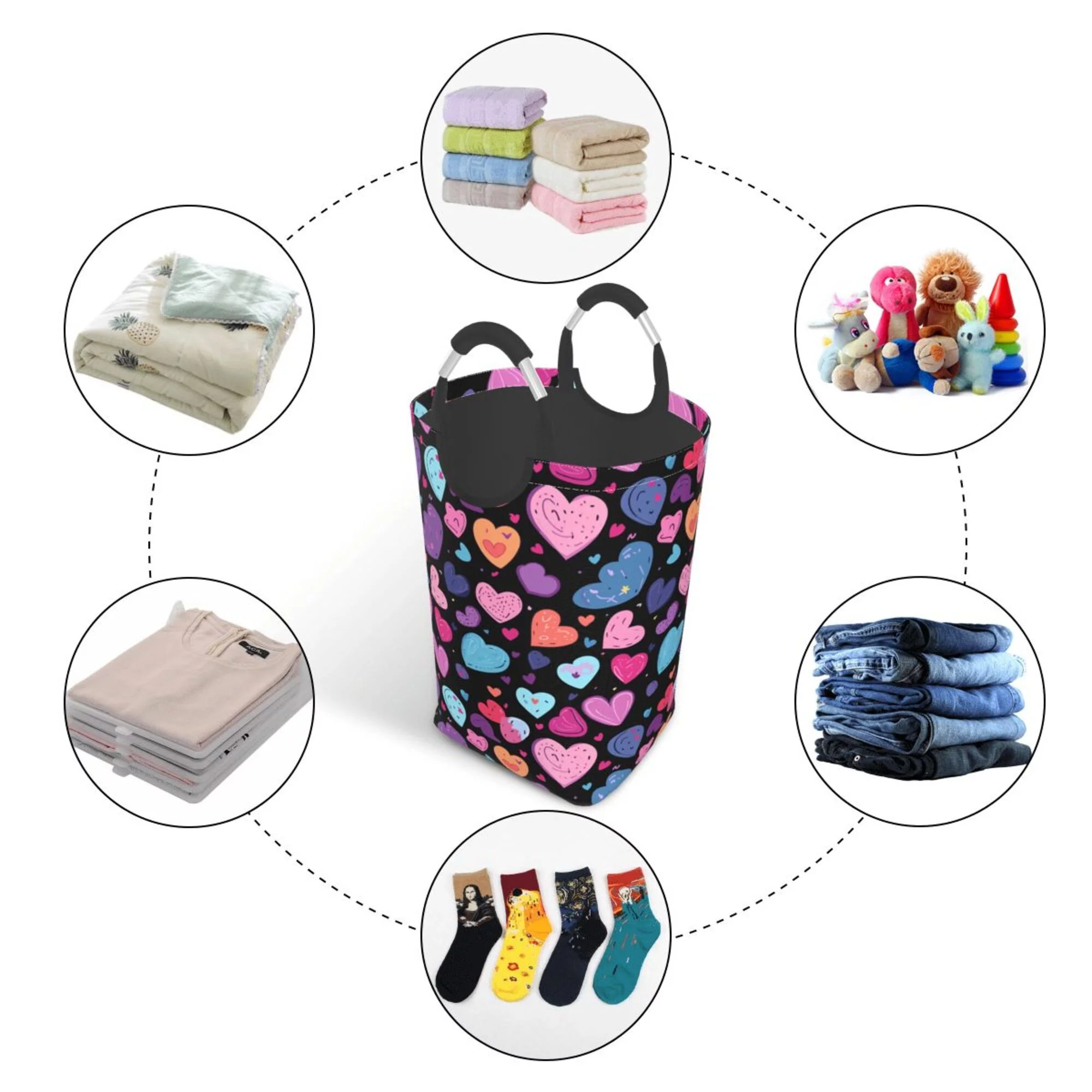 TEQUAN 50L Large Rectangular Laundry Hamper with Aluminum Handles, Valentine Purple Hearts Love Prints Waterproof Foldable Dirty Clothes Basket