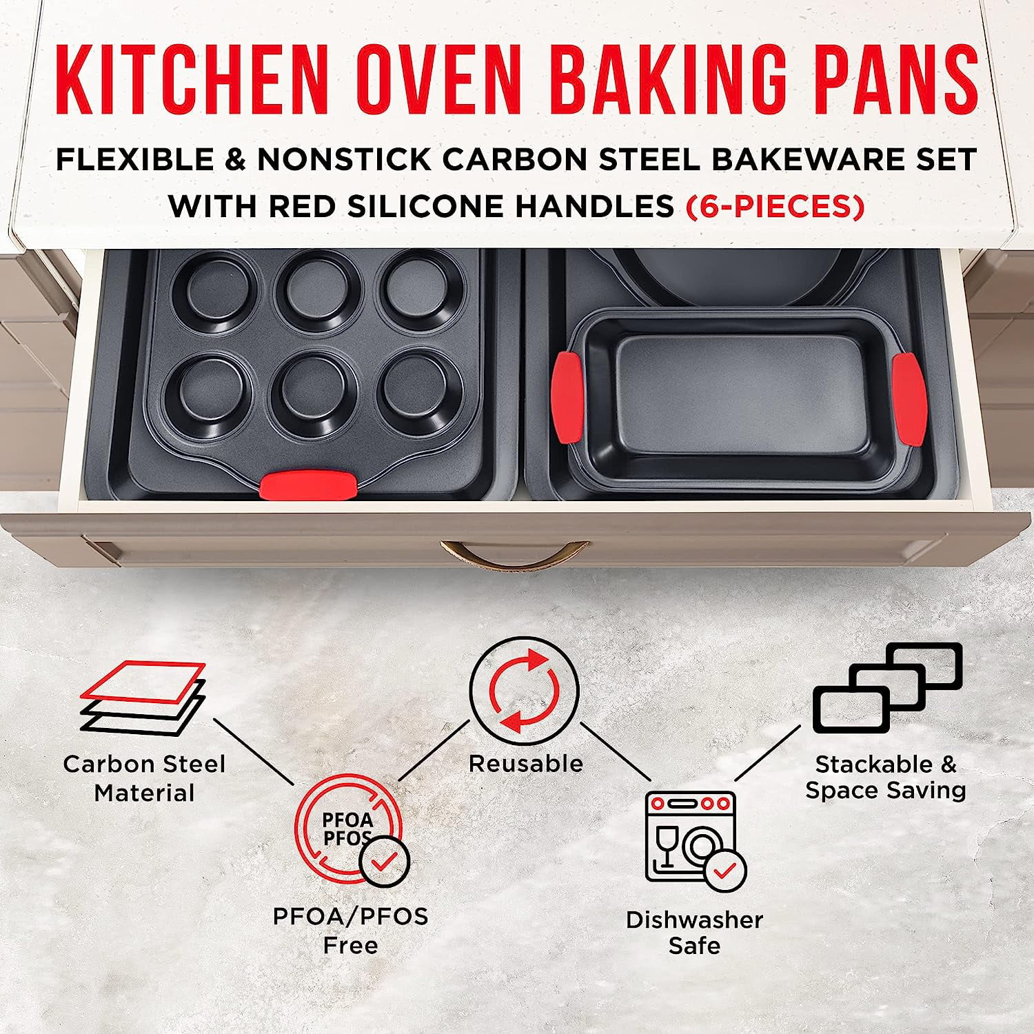Baking Set – 6 Piece Kitchen Oven Bakeware Set – Deluxe Non-Stick Black Coating Inside and Outside – Carbon Steel – Red Silicone Handles – PFOA PFOS and PTFE Free by Bakken