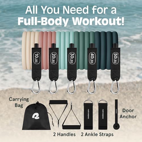 Retrospec Train Resistance Bands Set (5pc) Workout Bands w/Handles, Door Anchor, Carry Bag for Women & Men, Smoothie