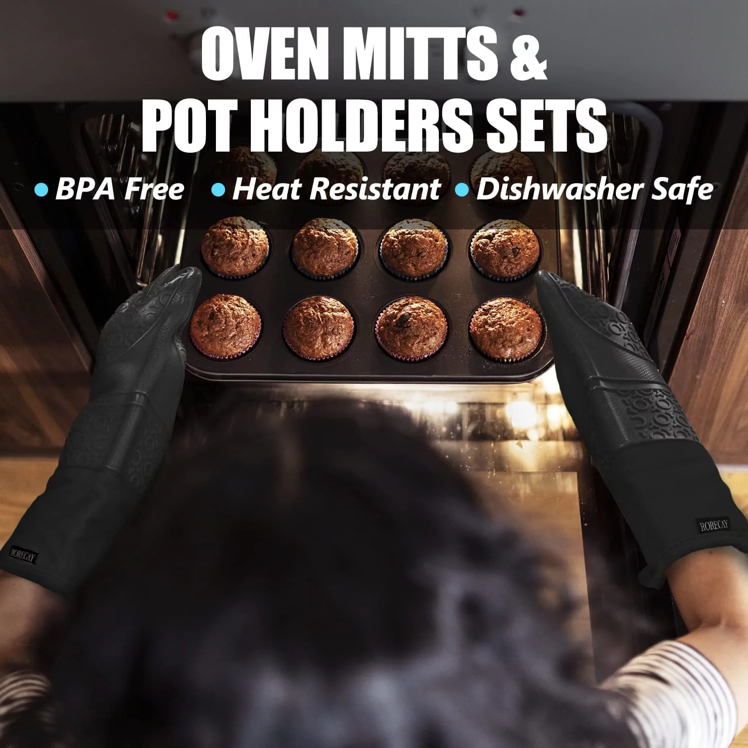 Extra Long Oven Mitts and Pot Holders Sets, RORECAY Heat Resistant Silicone Oven Mittens with Mini Oven Gloves and Hot Pads Potholders for Kitchen Baking Cooking, Quilted Liner, Black, Pack of 6