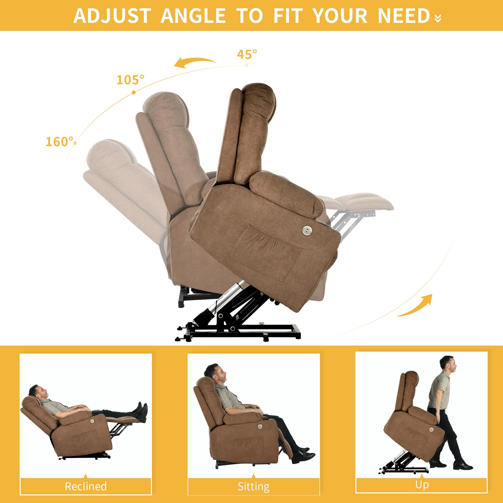 Contemporary Power Lift Recliner Chair, Fabric Recliner Chair with Relaxing Massage and Soothing Heat, Roomy Seating, Built-in USB Ports, Beverage Holders, Convenient Side Storage, Brown