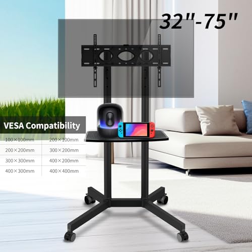 Rolling TV Stand with Wheels for 32-75 Inch TVs up to 88lbs, Portable TV Stand with Shelf, Mobile TV Cart for Living Room, Office, Meeting Room, Outdoor
