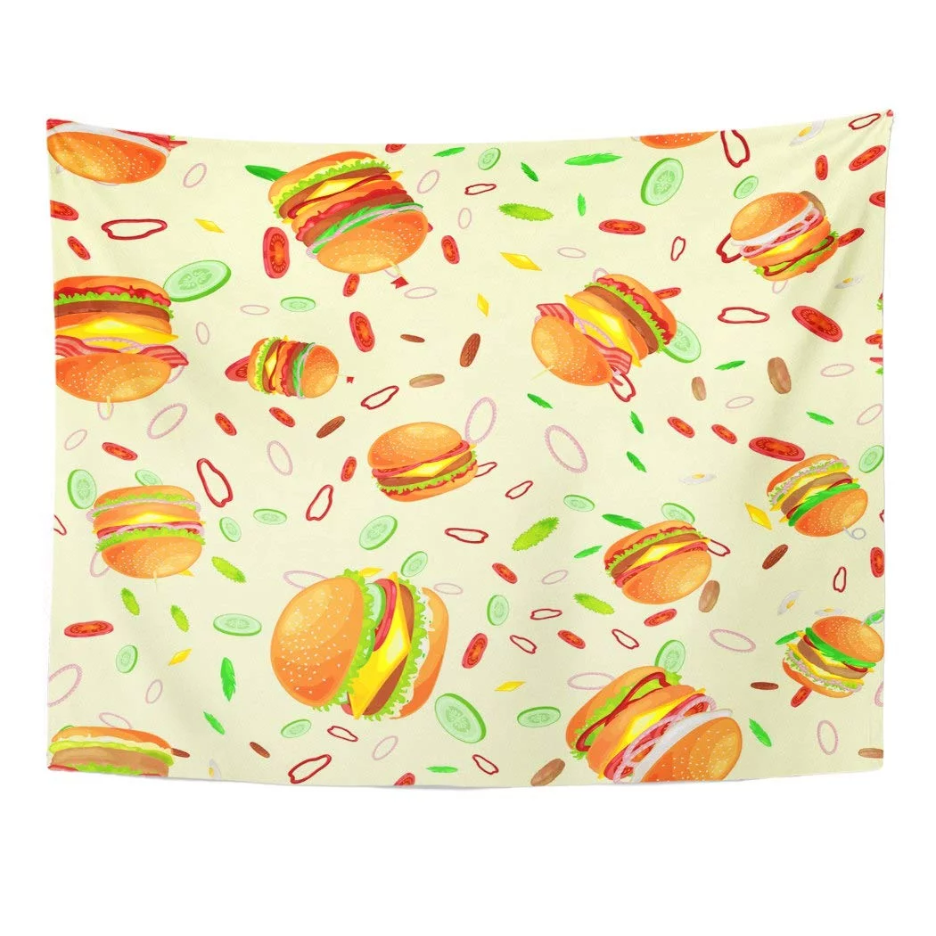 REFRED Tasty Burger Grilled Beef and Fresh Vegetables Dressed Sauce Bun for Snack American Hamburger Fast Food Wall Art Hanging Tapestry Home Decor for Living Room Bedroom Dorm 60x80 inch