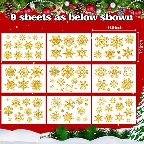 Cerlaza Golden Glitter Snowflake Winter Window Clings Window Decorations, Removable Golden Snowflake Christmas Windows Decals, Party Decorations Snowflakes Stickers Outdoor Decorations-9 Sheets