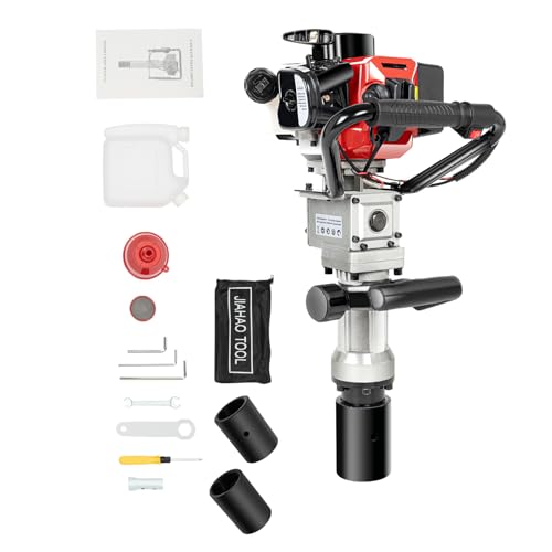 T-Post Driver,32.6CC 2 Stroke 1.2HP Gas Powered Pile Driver Fence Push Pile Gasoline Jack Hammer Engine Portable Petrol Pole Pounder w/Two Driving Heads Single Cylinder Air Cooling MaxSpeed 8500r/Min