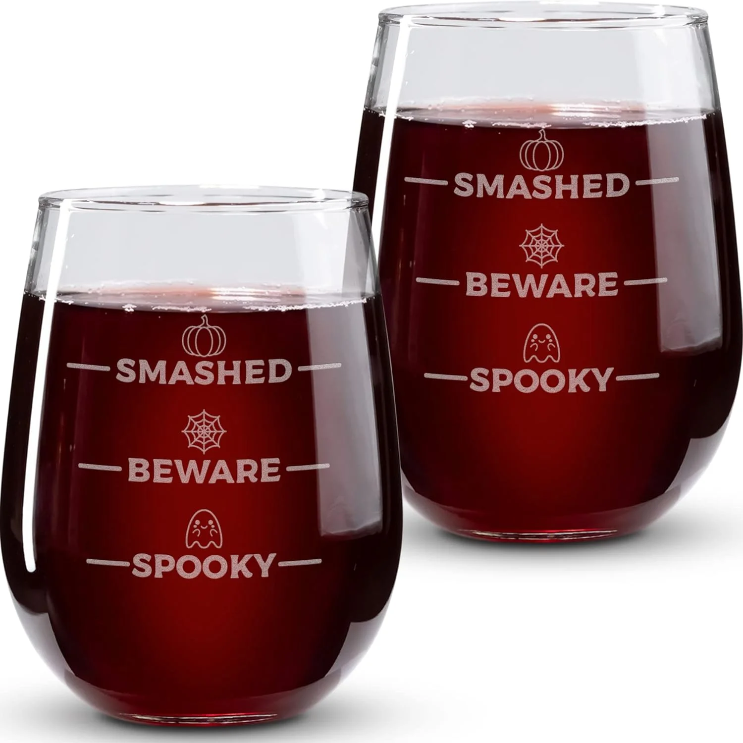 Wine Glass Gifs For Women -”Smashed, Beware, Spooky 2PC Wine Glass Se - Cups, , Drinking Glassware - Spooky Ghos Gifs