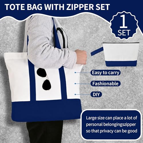 16 Pack Canvas Tote Bags Bulk and Makeup Pouches Set, 12oz Cotton Reusable Zippered Grocery Bags with Handles, DIY Sublimation, Halloween Craft, Beach & Travel with External Pocket (Women & Men)