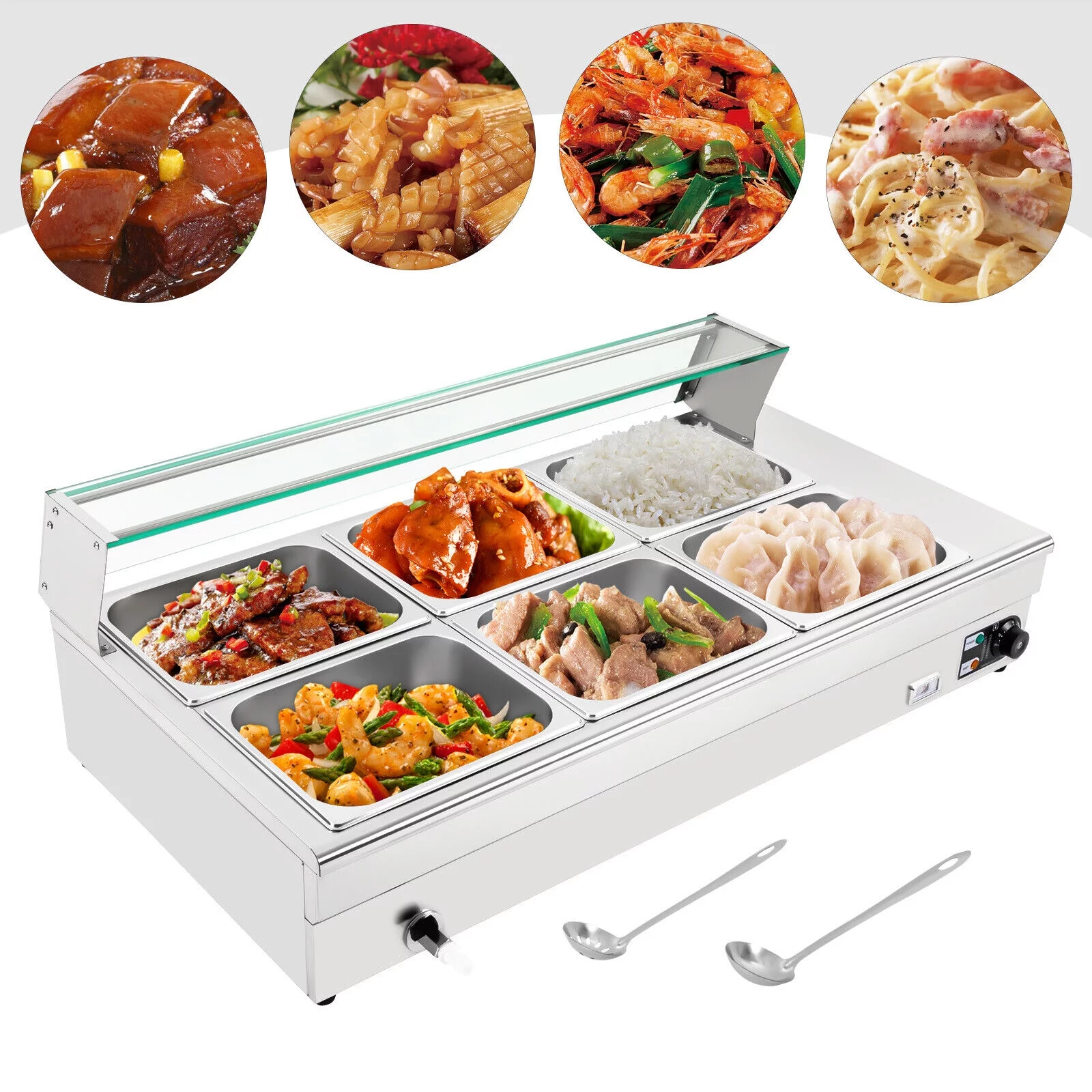 Commercial Food Warmer Steam Table Buffet Server Bain Marie 6 Pans 1200W