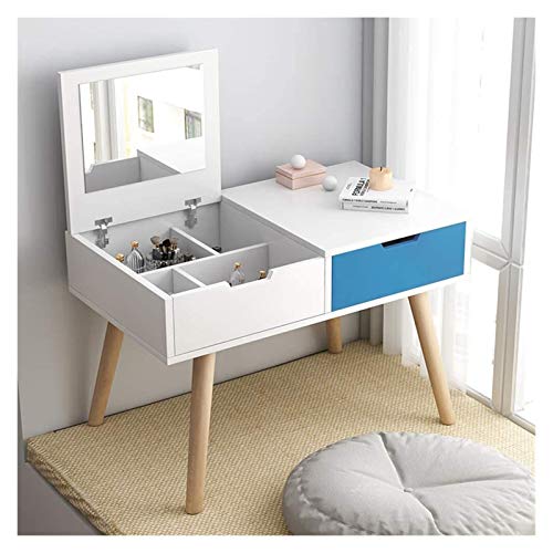 Luxurious Makeup Vanity Desk for Princess's Gift, 2-in-1 Vanity Table with Flip Top Mirror Makeup Dressing Table Mini Writing Desk with Drawers, Makeup Organizers(White Blue-a)