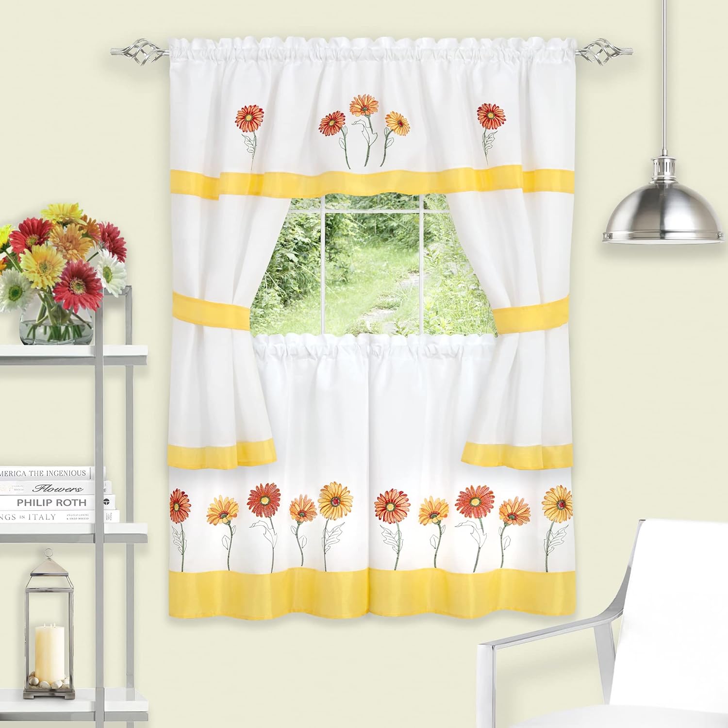 Achim Embellished Cottage Window Curtain Set - 58 Inch Width, 36 Inch Length - Gerbera Daisy - Light Filtering Drapes for Kitchen, Bedroom, Living & Dining Room Home Decor
