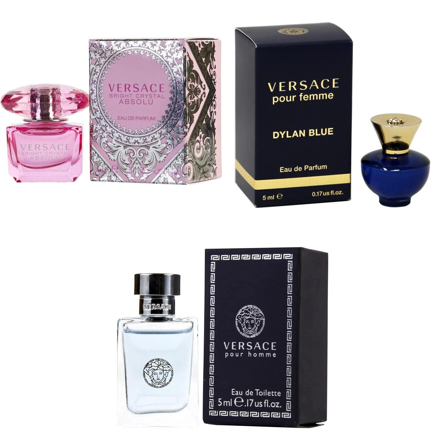 Versace Bright Crystal Absolu EDP, Dylan Blue Femme EDP, Pour Homme EDT - 5ml 3PK Kit