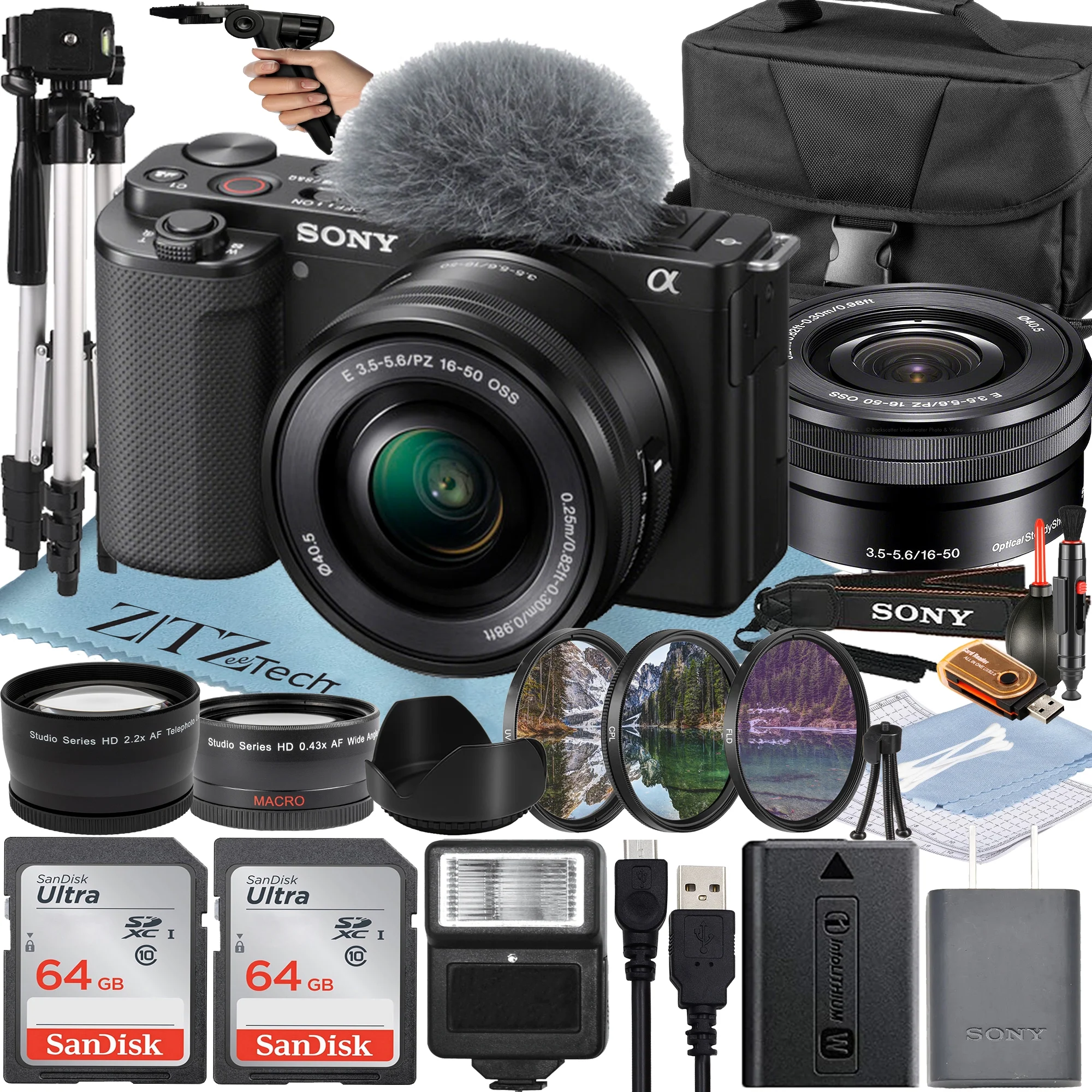 Sony Alpha ZV-E10 Mirrorless Vlog Camera With 16-50mm Lens + 2 Pack 64GB Memory Card + Flash + Tripod + Case + ZeeTech Accessory Bundle (Black)