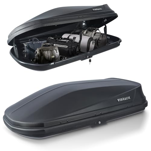 Gray Rooftop Cargo Box Carrier Large 13 Cubic Feet Car Top Mount Travel Luggage Storage, Dual Side Opening, Roof Cargo Boxes Waterproof Rooftop Storage Box Extra Keys, Straps