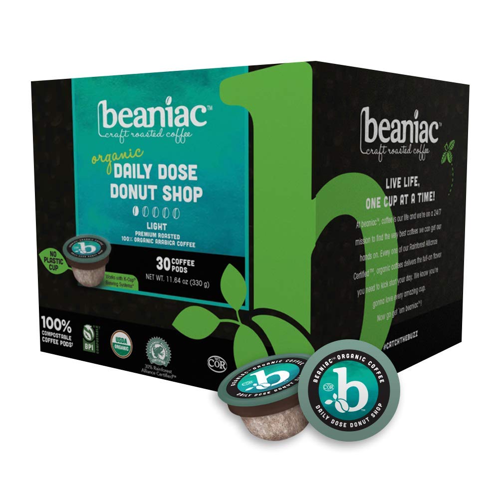 beaniac Organic Daily Dose Donut Shop, Light Roast, Single Serve Compostable K Cup Coffee Pods, Organic Arabica Coffee, Keurig Brewer Compatible, 30 Count