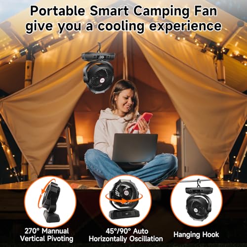 Camping Fan with LED Lantern,40000mAh Rechargeable Battery Operated Portable Personal Fan with Remote, 6 Speeds/Timer/Auto Oscillation/Digital Display USB Table Fan (Black)