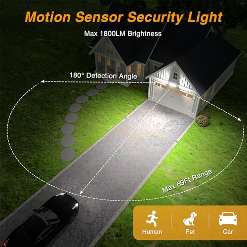 Battery Powered LED Flood Light Outdoor, 1800LM Motion Sensor Security Lights, 5000K, IP65 Waterproof, Wireless Flood Light Battery Operated, 3-Head Motion Detector Light for Outside (White, 1Pack)