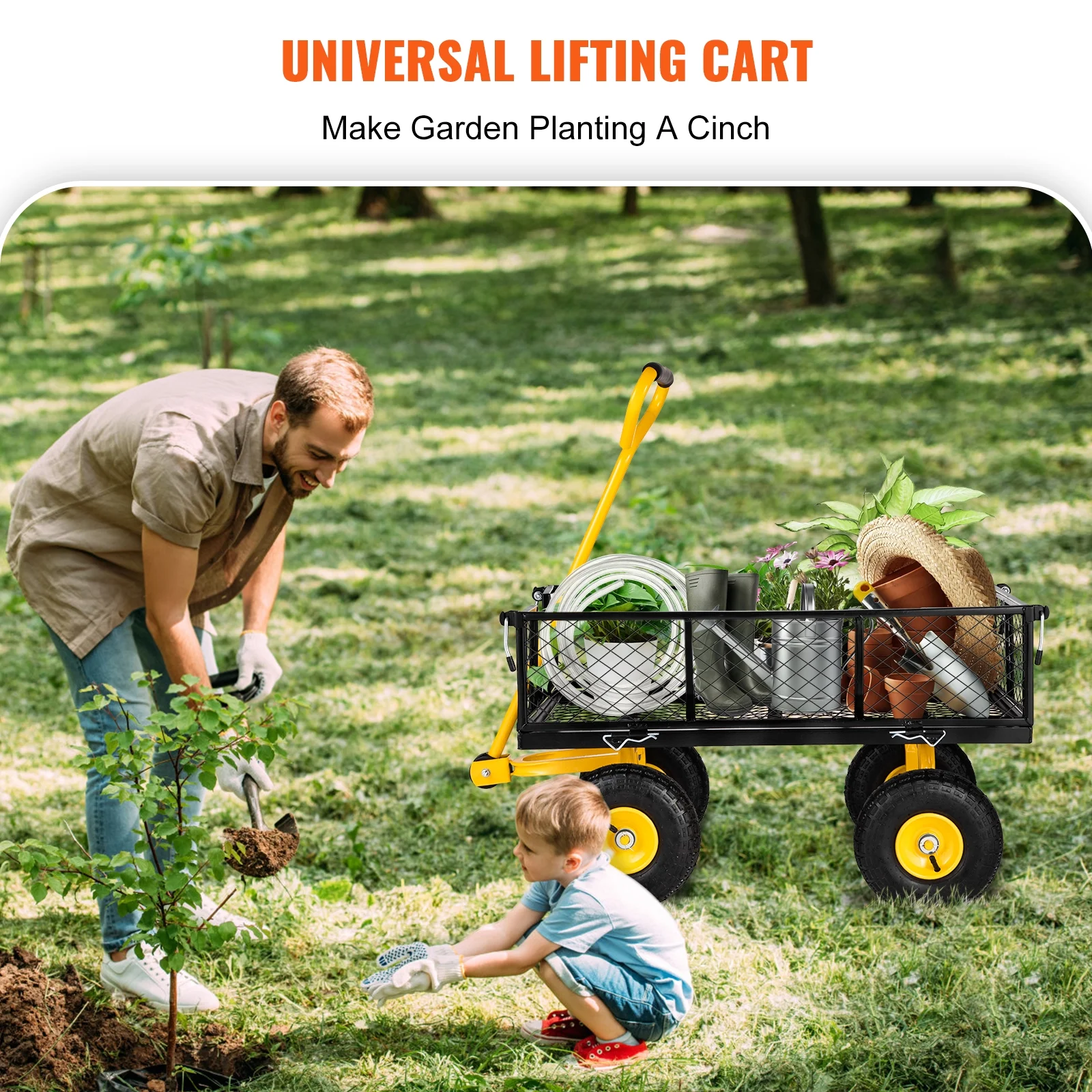 BENTISIM Steel Garden Cart, Heavy Duty 900 lbs Capacity, with Removable Mesh Sides to Convert into Flatbed, Utility Metal Wagon with 180° Rotating Handle and 10 in Tires, Perfect for Garden, Farm, Yar