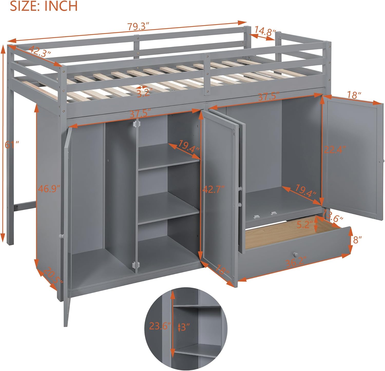 Twin Size Loft Bed with Storage Drawer and Two Wardrobes, Wood Low Loftbed with Ladder & Mirror, for Kids Teens Adults Bedroom, Gray